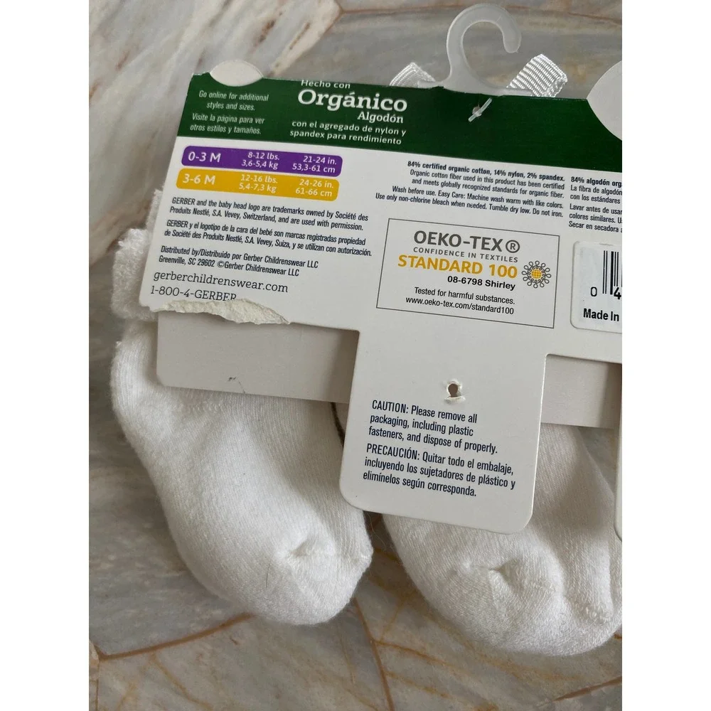 Gerber Baby Socks 3-6M White Organic Cotton Wiggle Proof Stay On Booties NEW